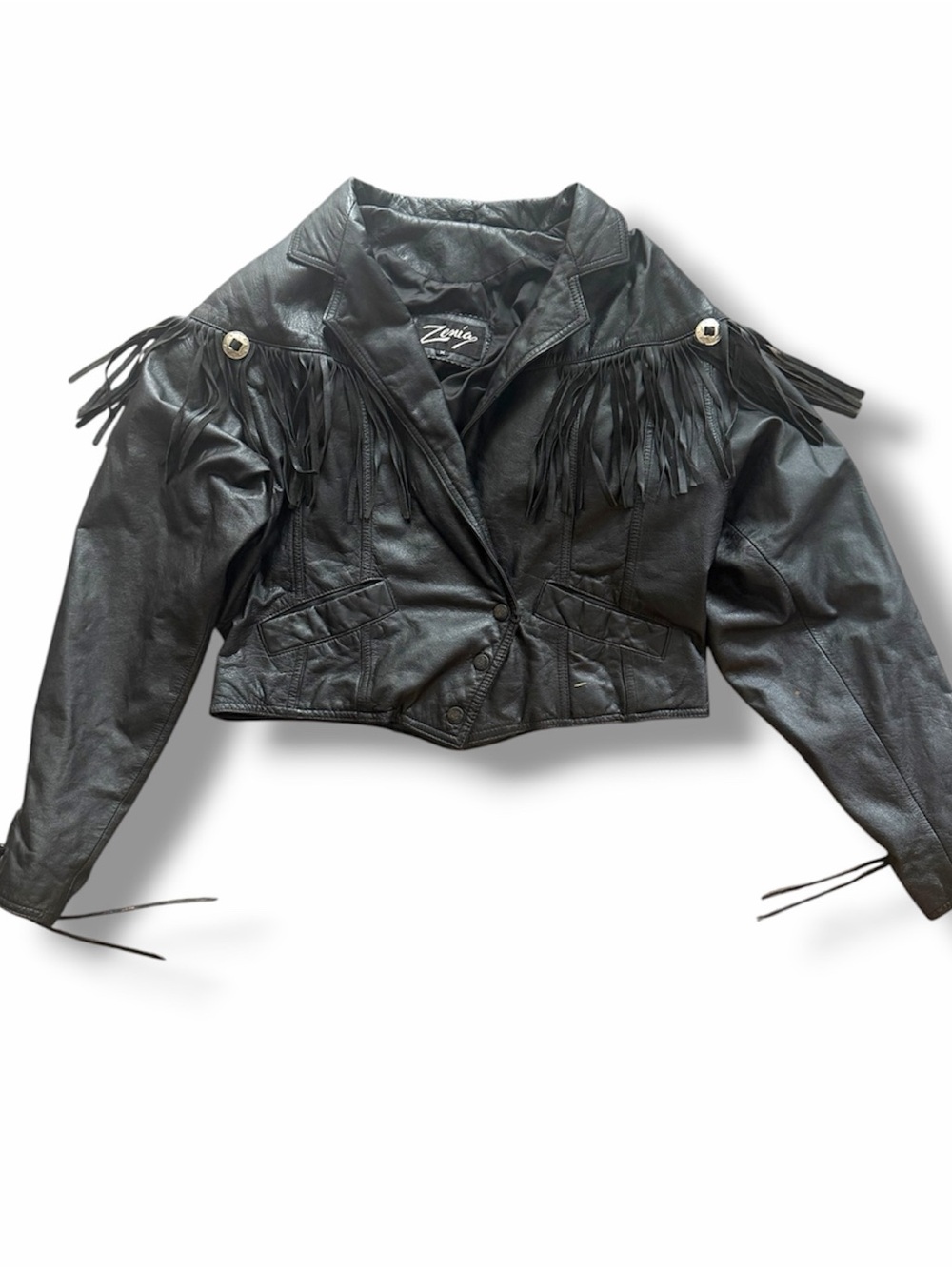 Black Leather Fringe Genuine Leather Cropped Jacket